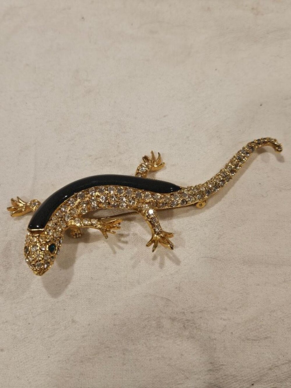 VTG Gold Tone Pave Rhinestone Lizard Salamander Brooch Pin Black Enamel Green Ey